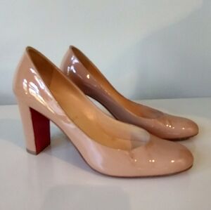 CHRISTIAN LOUBOUTIN Cadrilla Patent Leather Block Heel Pumps Nude 38 FLAW